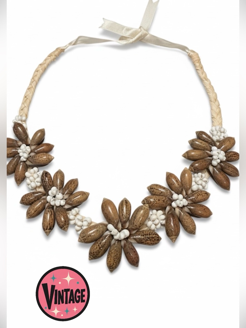 Vintage Polynesian Shell Lei Necklace Rosette Floral Choker Hawaiian Tahiti